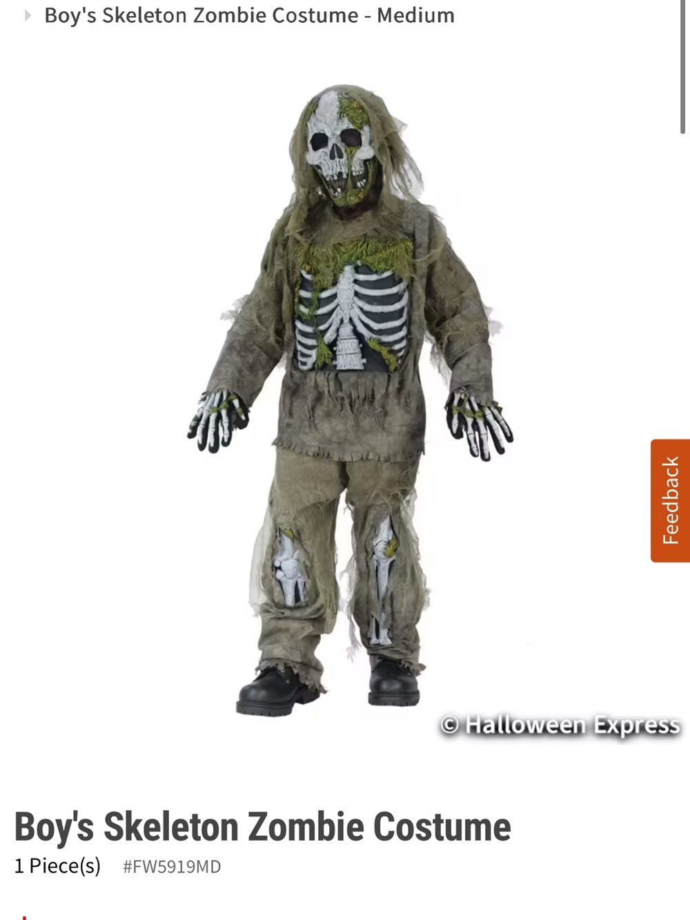 Boy's Skeleton Zombie Costume - Moss Green by